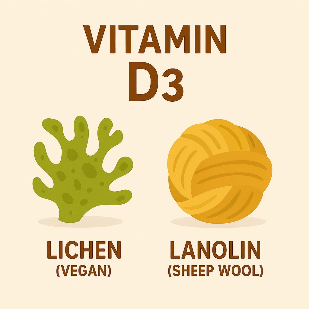 Vitamin D3 - Lichen (vegan), Lanolin (sheep wool)